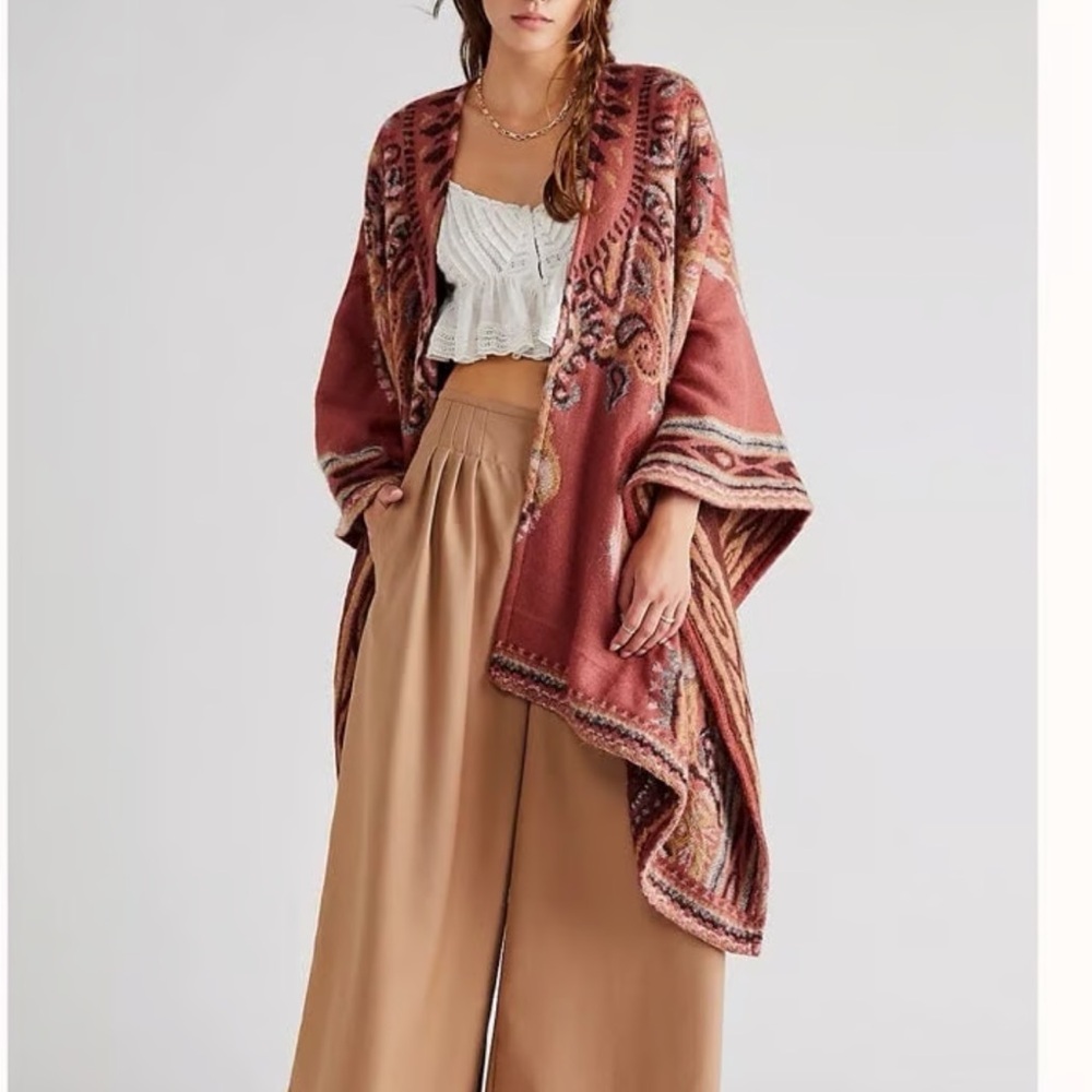 Free People Valley View boho open front poncho rust combo